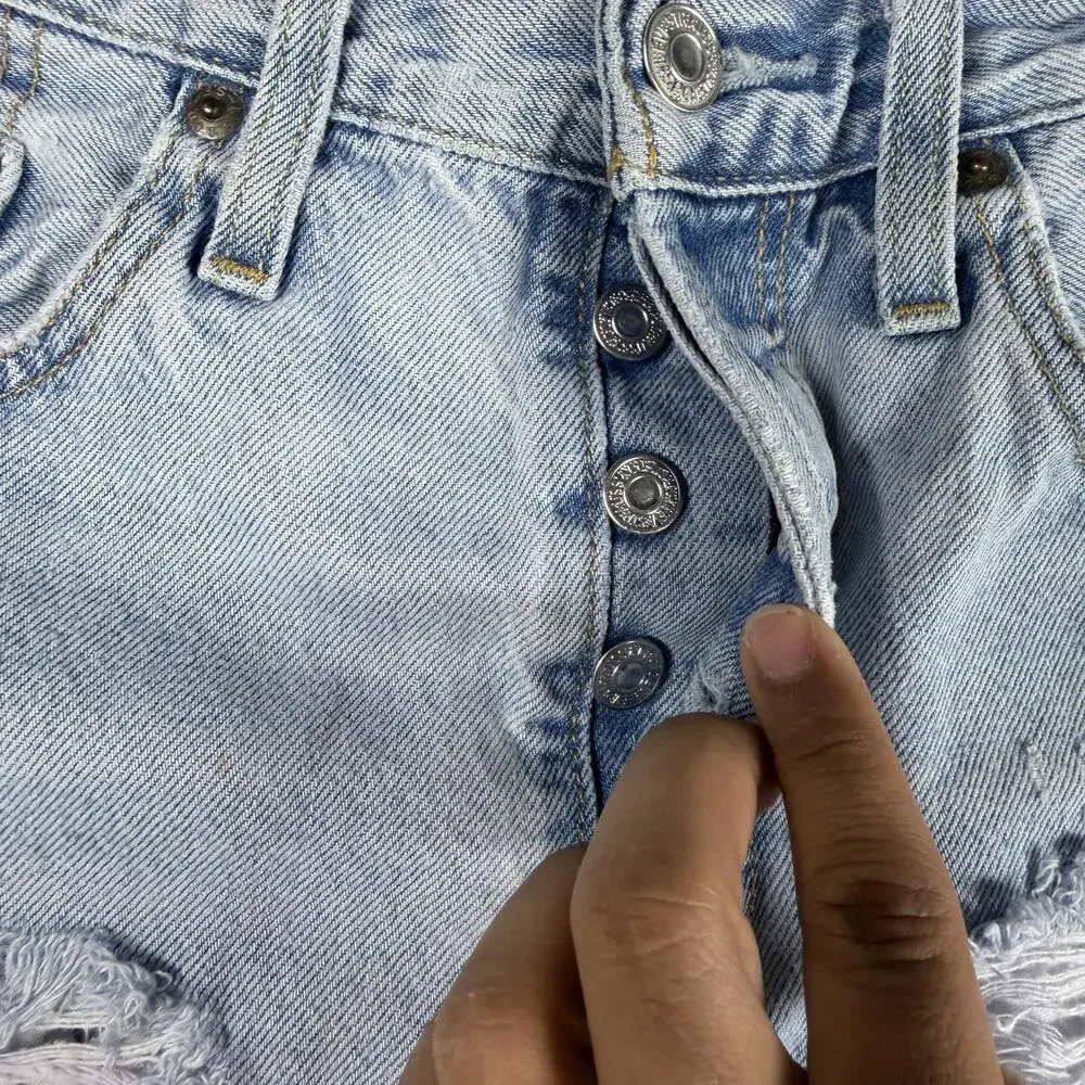 Levi's 501 Shorts Womens W27 Blue Denim Distressed Cutoff Button Fly Raw Hem